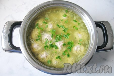 Петрушку (или укроп) вымыть, мелко нарезать, добавить в суп, довести до кипения и снять с огня.