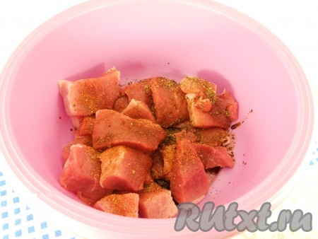 Мякоть свинины вымыть, обсушить, нарезать на средние кусочки (с размером стороны 3-4 сантиметра), выложить в глубокую миску, посолить, посыпать любимыми специями для мяса.