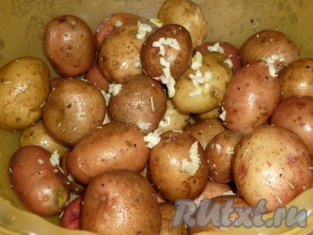Вымытый картофель сложить в миску, посолить, поперчить, добавить приправы и мелко нарезанный (или пропущенный через пресс) чеснок, перемешать.