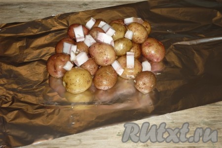 На фольгу выложить картофель, сверху, по желанию, разложить сало, нарезанное на небольшие кусочки. 