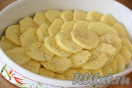 В жаропрочную форму выложить картофель. Я выкладывала картофельные кружочки внахлёст. Слегка посолить и поперчить картошку. 
