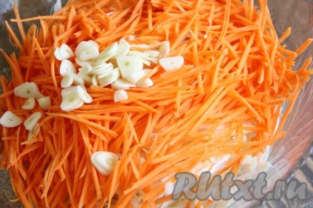 В глубокой миске соединить капусту, морковь и чеснок.