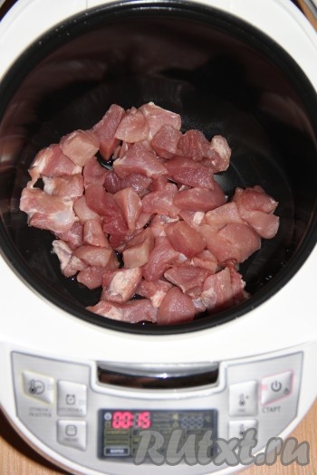 Растительное масло влить в чашу мультиварки, выложить кусочки свинины.