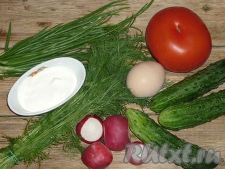 Подготовить продукты для приготовления салата из редиски, огурцов и помидоров.