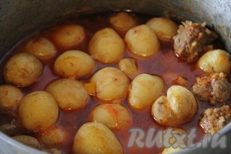 Далее добавить мелкий картофель и варить до готовности картошки, примерно 30 минут.
