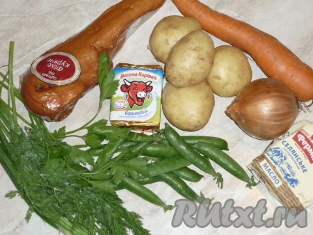 Ингредиенты для приготовления сырного супа с зелёным горошком