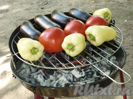Овощи выложить на решётку мангала и запечь над горячими углями с двух сторон. 
