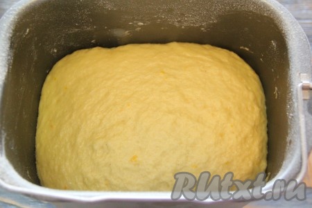 Если готовите тесто вручную, тогда в глубокую миску влить подошедшие дрожжи и сметану, добавить яйца, цедру и сок апельсина, растопленное и остывшее сливочное масло, сахар, всыпать корицу. Всё слегка перемешать, затем добавить муку и соль. И, замесив нежное и мягкое тесто, оставить его в миске на 1,5-2 часа, накрыв миску полотенцем или пищевой плёнкой. За это время тесто увеличится в объёме.
