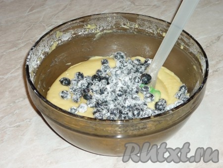 Чёрную смородину вымыть, перебрать, обсушить (если ягоды замороженные, размораживать их не надо), смешать с 1 столовой ложкой муки и добавить в тесто. 
