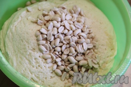Готовое тесто слегка обмять, добавить орехи (можно вместо орешков добавить сухофрукты или цукаты) и хорошо его вымесить. 
