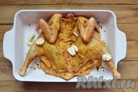 Тушку домашней курицы с обеих сторон тщательно натираем солью и приправами для мяса. Чеснок очищаем, раздавливаем тыльной стороной ножа и выкладываем к курочке.
