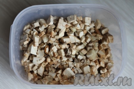 Промываем грибы и нарезаем на небольшие кубики. 