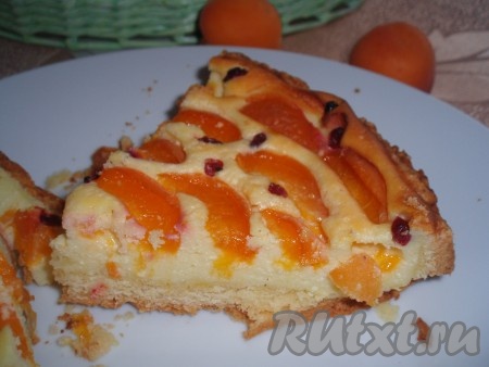 Разрезать на порции лучше полностью остывшим. Творожный пирог с абрикосами получается ароматным и очень вкусным.