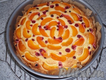 Подготовленный пирог с консервированными абрикосами и творогом поставить в нагретую до 190 градусов духовку и печь около 70 минут. Готовый пирог остудить.