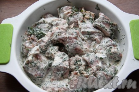 Свинину в сметане выложить в форму для запекания (при желании, форму перед выкладыванием мяса можно смазать маслом).
