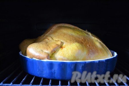 Курицу в тесте отправить запекаться на 1 час в духовку, разогретую до 180 градусов.
