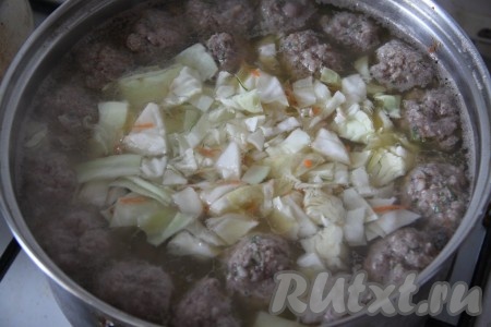 Затем добавить в суп с фрикадельками нарезанную кубиками капусту и варить до готовности капусты и картофеля. Посолить и поперчить суп по вкусу.
