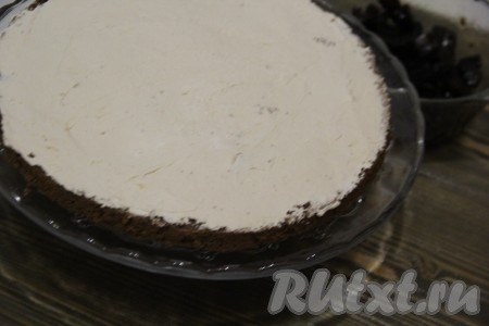 Собрать шоколадный торт с черносливом. На подставку или плоскую тарелку выложить первый корж, покрыть его кремом.
