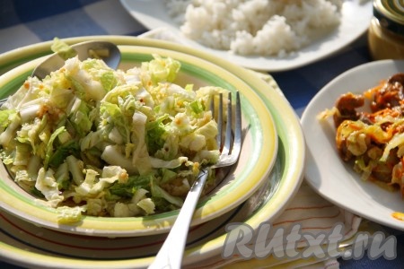 Легкий, вкусный, сочный, пикантный салат из пекинской капусты с яблоком и имбирем готов.

