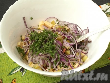 Полукольцами нарезать фиолетовый лук, измельчить укроп и выложить в салат к сыру, колбаскам и огурцам, посолить и поперчить.
