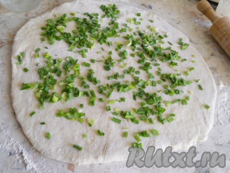 Тесто раскатать толщиной около 0,5 см, посыпать измельченным зеленым луком, посолить.
