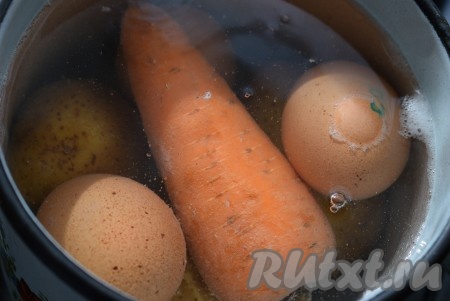 Отварить до готовности картофель, яйца, морковь. Охладить и очистить. 