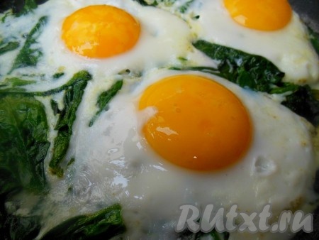 Вбейте в сковороду куриные яйца, сохраняя в целости белок и желток, посолите по вкусу. Жарьте яичницу со шпинатом до готовности (около 2-3 минут) на среднем огне без крышки.
