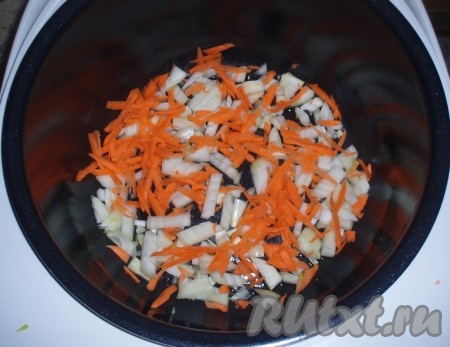 Луковицу нарезать кубиками, морковь натереть на крупной терке. В чашу мультиварки выложить слой лука, а затем - слой моркови.