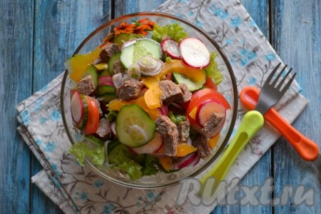 Сытный, сочный, вкусный салат с говядиной и овощами сразу же подавать к столу. Это блюдо готовится без майонеза, а значит получается ещё и полезным.