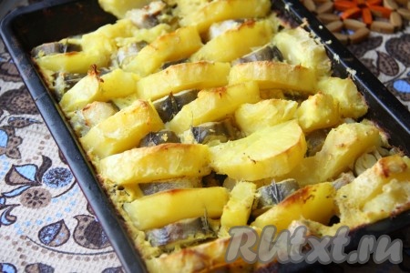 Залить картофель с рыбой кефирным маринадом и отправить в разогретую духовку. Запекать около 20 минут при температуре 180 градусов (до готовности картошки и рыбы).
