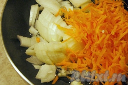 Морковь натрем на крупной терке, лук мелко нарежем и обжарим на растительном масле.
