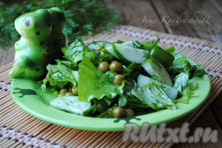 Вкусный, полезный, сочный салат из листьев салата и огурцов готов, можно сразу подавать к столу. 
