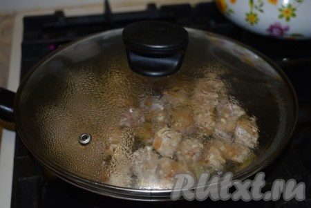 Затем накрыть сковороду крышкой и потушить мясо с луком на слабом огне, примерно, минут 8-10, периодически помешивая. Не забывайте следить, чтобы лук не подгорел.
