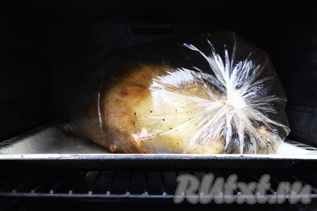 Запекать гуся, фаршированного гречкой, 1 час 15 минут при температуре 200 градусов.