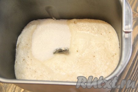 Замес теста для кулича можно сделать вручную или в хлебопечке. Для замеса в хлебопечке, в ведёрко влить подошедшую опару, всыпать оставшийся сахар.
