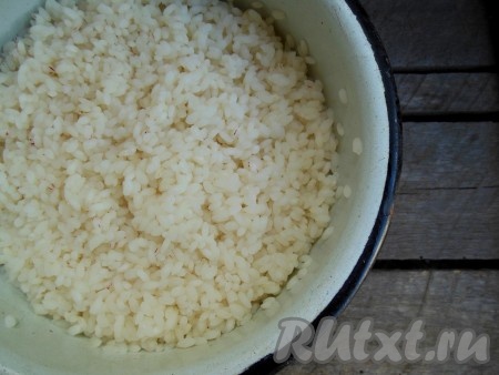 Рис промойте, выложите в кипящую воду, после закипания воды огонь уменьшите, добавьте соль и варите до полуготовности (минут 5). Затем рис выложите в дуршлаг, промойте, дайте полностью стесь воде и остудите.
