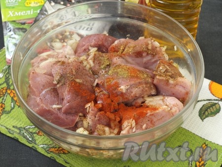 Сложить мясо в миску с луком. Также добавить паприку, приправу для шашлыка и хмели-сунели. Влить винный уксус и растительное масло.
