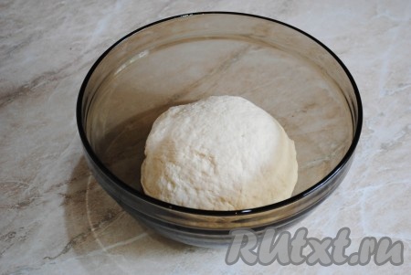 Тесто выложить в миску, смазанную растительным маслом. Тесто, накрыв полотенцем, оставить в тёплом месте на 1-1,5 часа.