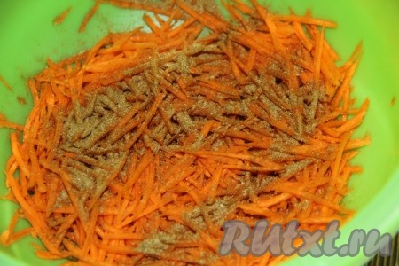 Натёртую морковку выложить в глубокую миску, добавить соль и приправу для морковки по-корейски, перемешать. 
