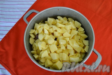 Картофель очистить, нарезать средними (не очень мелкими) кубиками и выложить поверх тушенки.
