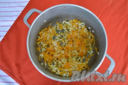 Очистить морковь и лук. В казане или толстостенной кастрюле разогреть растительное масло, выложить лук, нарезанный мелкими кубиками, и морковь, натертую на средней терке. Помешивая, обжарить их минуты 2-3 (до мягкости).
