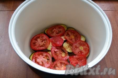 Далее разложить нарезанные тонкими кружками помидоры, чуть посолить, поперчить, посыпать специями и травами.
