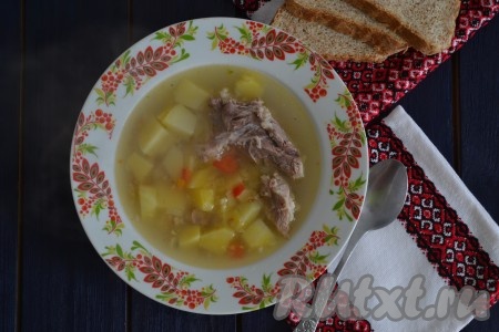 Ароматный, насыщенный и согревающий суп из козлятины разлить по тарелочкам и подать на стол.
