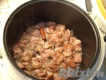 Перекладываем свинину в сковороду к луку и салу (я готовила в мультиварке), солим и обжариваем мясо до золотистой корочки со всех сторон.
