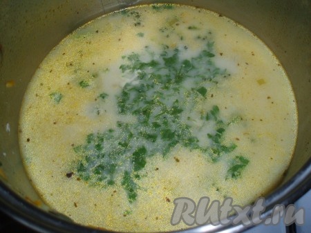 Добавить в суп мелко нарезанную зелень и дать супу настояться под крышкой.
