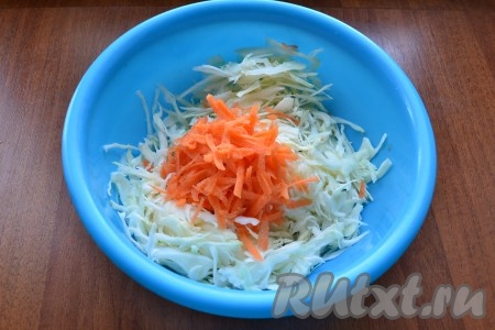 Капусту тонко нашинковать. Морковь очистить, натереть на крупной терке и выложить к капусте, немного посолить и помять руками.