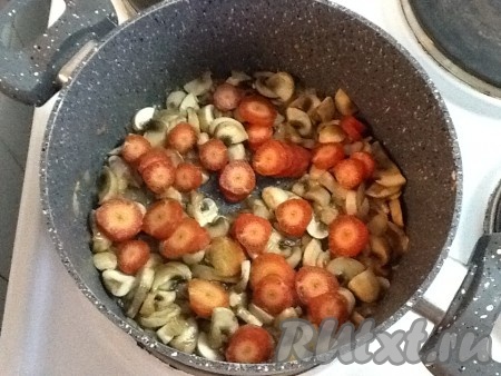 Нарезать очищенную морковь кружочками и добавить в кастрюлю.