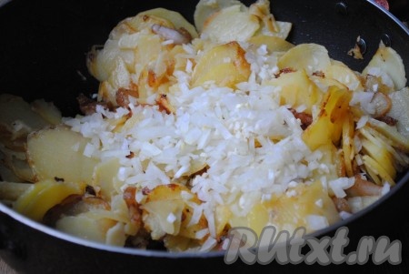 Добавить лук к картошке с салом, посолить и поперчить по вкусу, перемешать, жарить еще 3-5 минут на среднем огне, не накрывая крышкой (до готовности лука и картофеля).
