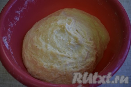 Тесто получится липким, мягким, не плотным (перегружать мукой его не стоит). Выложить тесто в миску, накрыть его полотенцем и оставить подходить, примерно, на 2 часа. Тесто хорошо поднимется.
