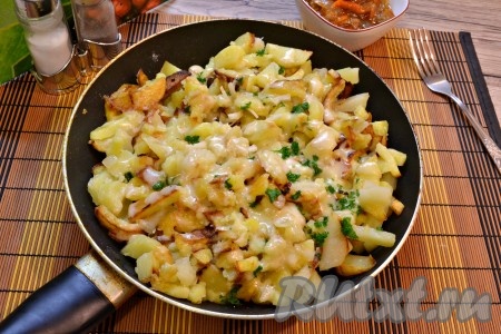 Подать вкусную, ароматную картошку, жареную с сыром, к столу в горячем виде.
